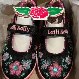 Lelli Kelly Pretty LK9533 Black Mary Janes Dolly Sparkle Hand Beaded Flowers NEW
